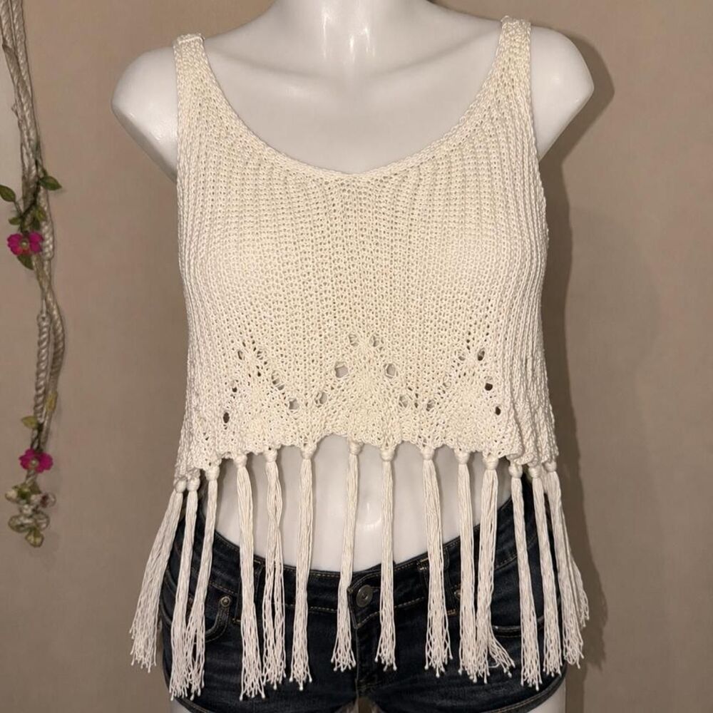 Cream crochet fringe tank top Size M
